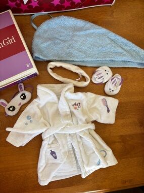 American Girl White Plush Spa Robe Set with Light Blue and Lavender Accents